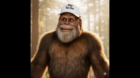 Pete the Bigfoot, Way-Ya-Go’s forest mascot, peeking from the trees